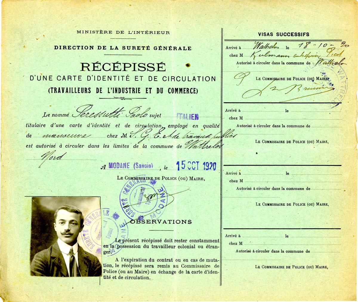 Récépissés de cartes d'identité et de circulation pour les travailleurs de l'industrie et du commerce, étrangers et coloniaux, 1916-1920. Archives municipales de Pérenchies - 2PER_I14