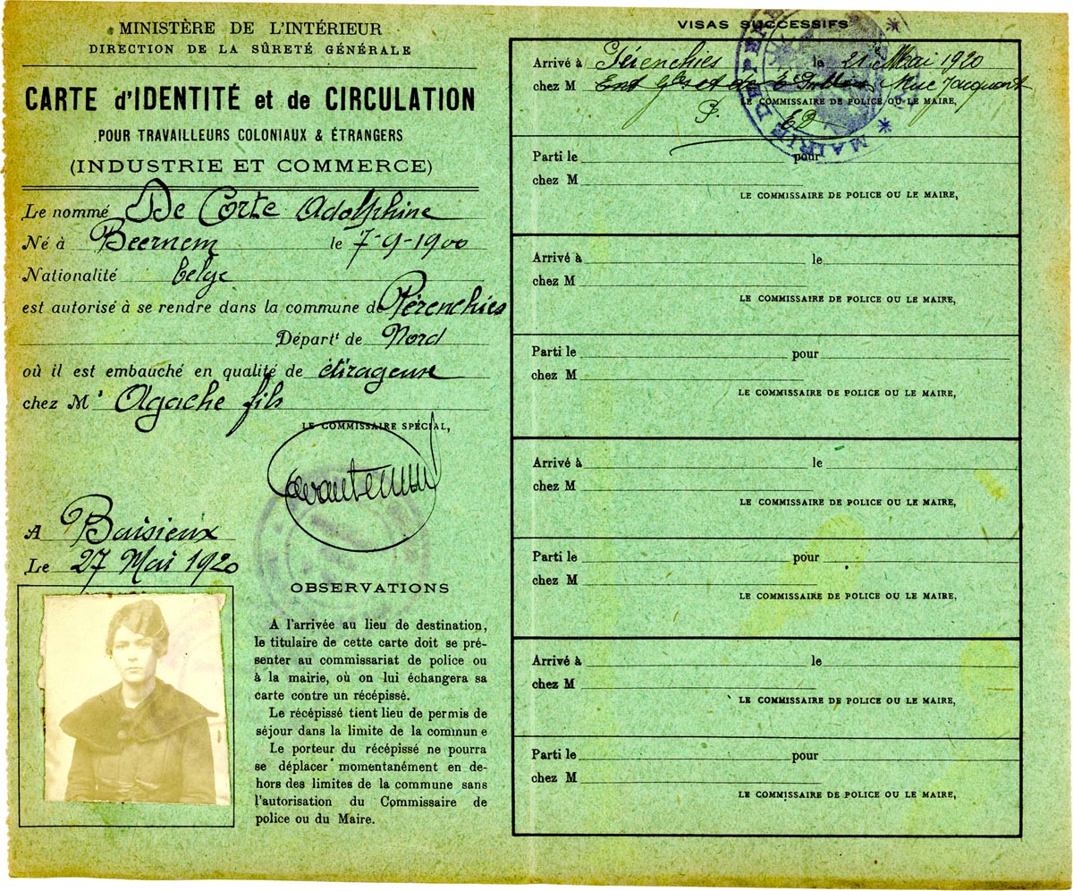 Récépissés de cartes d'identité et de circulation pour les travailleurs de l'industrie et du commerce, étrangers et coloniaux, 1916-1920. Archives municipales de Pérenchies - 2PER_I14