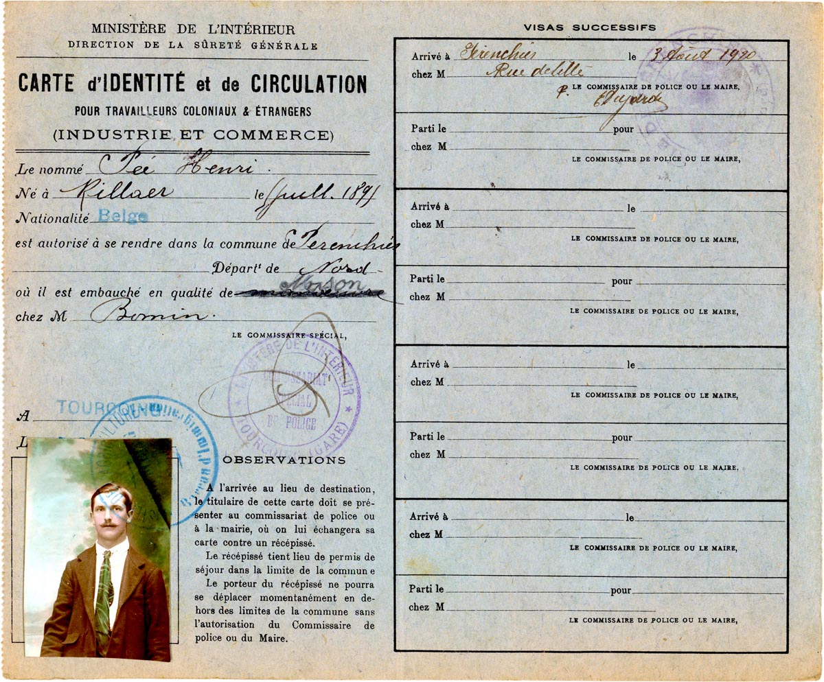 Récépissés de cartes d'identité et de circulation pour les travailleurs de l'industrie et du commerce, étrangers et coloniaux, 1916-1920. Archives municipales de Pérenchies - 2PER_I14