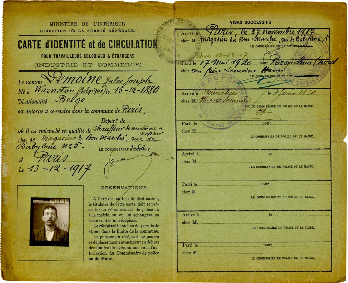 Récépissés de cartes d'identité et de circulation pour les travailleurs de l'industrie et du commerce, étrangers et coloniaux, 1916-1920. Archives municipales de Pérenchies - 2PER_I14