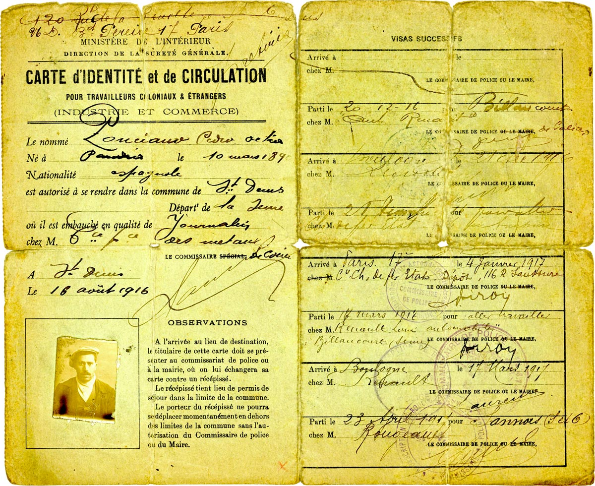Récépissés de cartes d'identité et de circulation pour les travailleurs de l'industrie et du commerce, étrangers et coloniaux, 1916-1920. Archives municipales de Pérenchies - 2PER_I14