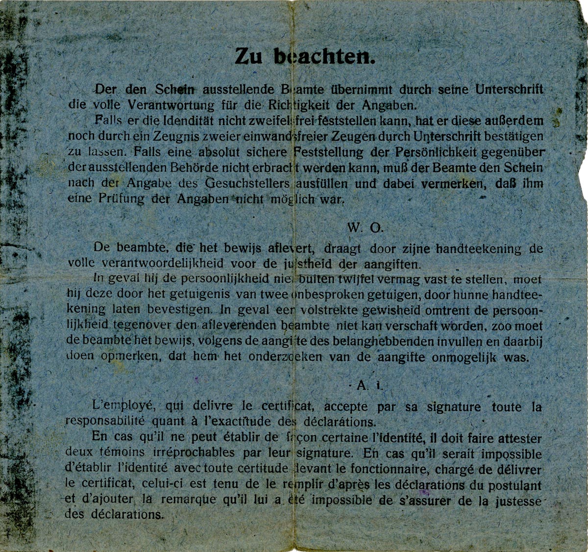 Personnel-Auweis Carte d'identité contre-signée par l'employée, 1917. Archives municipales de Quesnoy-sur-Deûle – 5QSD_S472