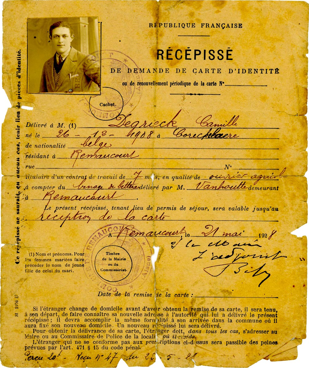 Récépissé de demande de carte d'identité, 1928. Archives municipales de Quesnoy-sur-Deûle – 2QSD_I6