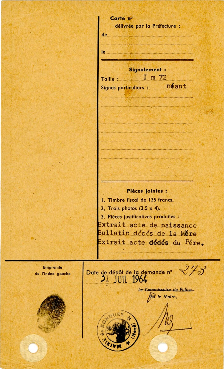 Récépissé de demande de carte d'identité, 1959-1964. Archives municipales de Bondues - 16BON_W43