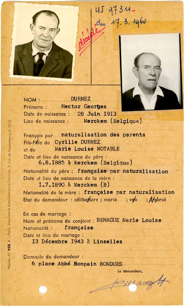 Récépissé de demande de carte d'identité, 1959-1964. Archives municipales de Bondues - 16BON_W43