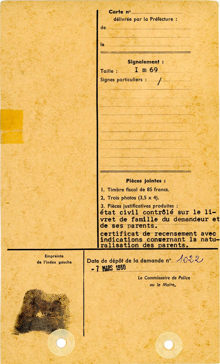 Récépissé de demande de carte d'identité, 1959-1964. Archives municipales de Bondues - 16BON_W43