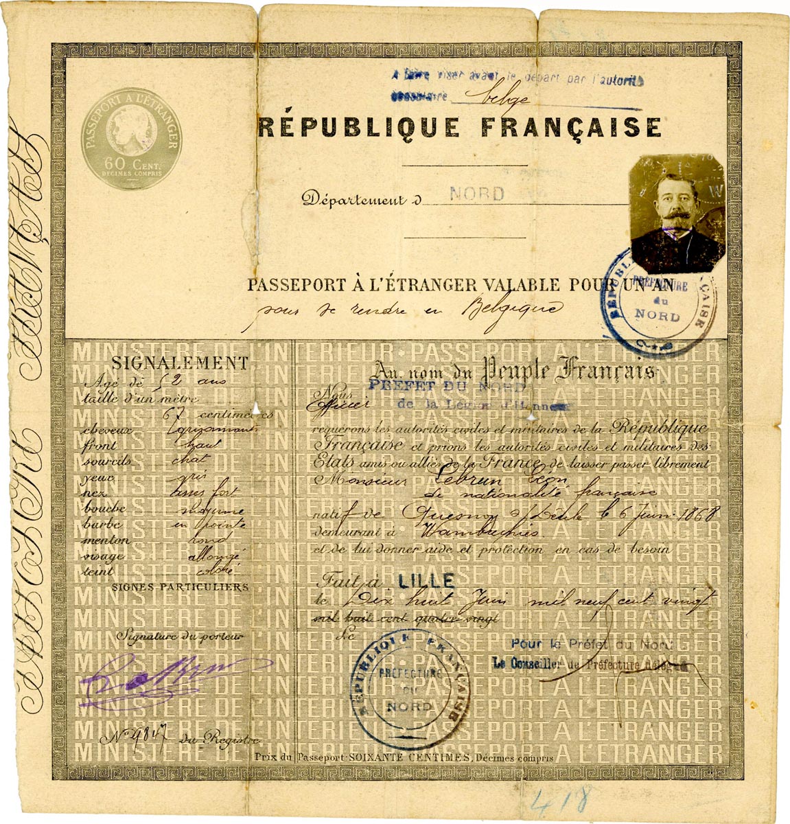 Passeport à l'étranger (valable 1 an) pour se rendre en Belgique de Léon Lebrun, 18 juin 1920 . Archives municipales de Quesnoy-sur-Deûle – 1QSD_Z266