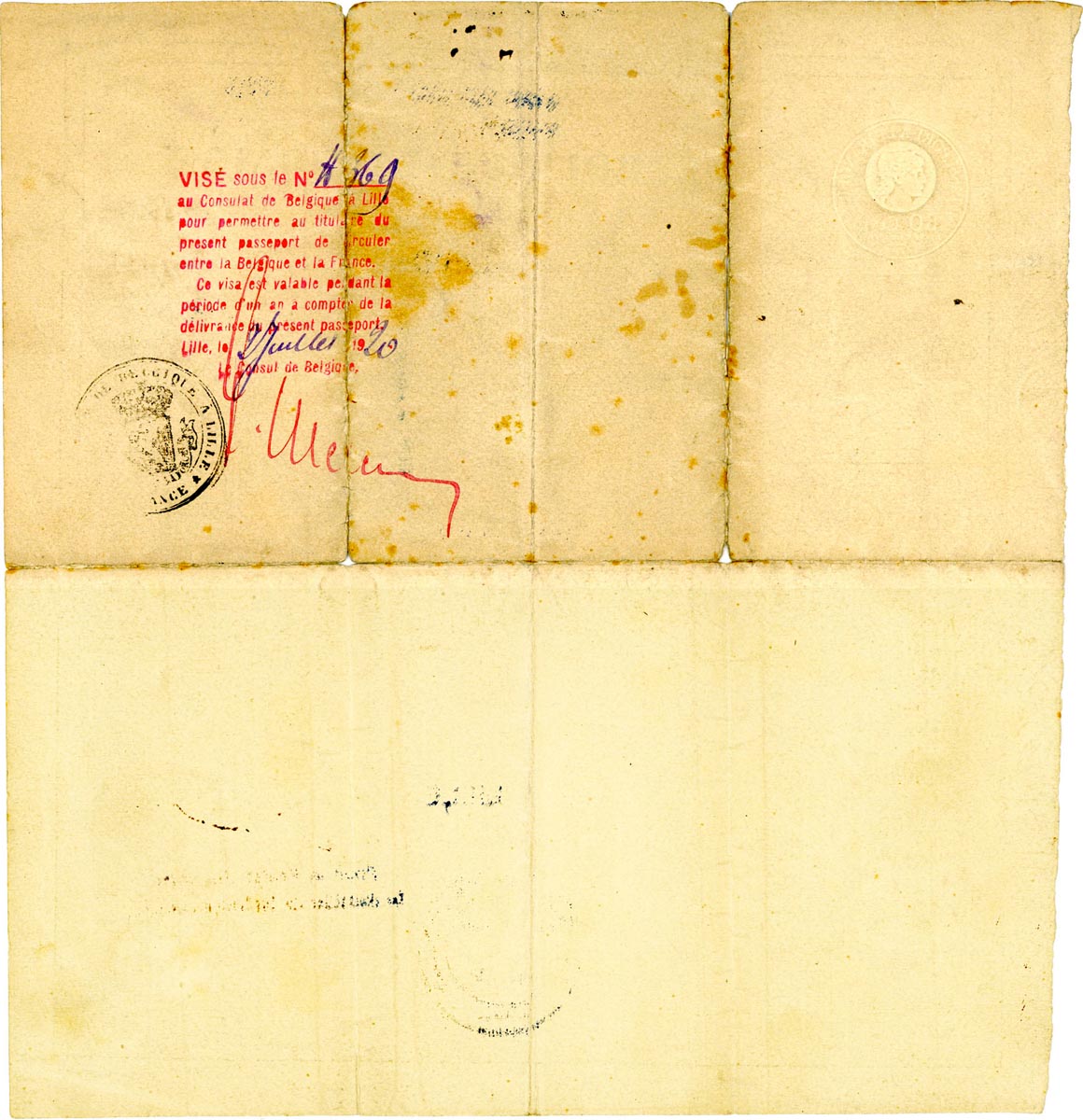 Passeport à l'étranger (valable 1 an) pour se rendre en Belgique de Léon Lebrun, 18 juin 1920 . Archives municipales de Quesnoy-sur-Deûle – 1QSD_Z266