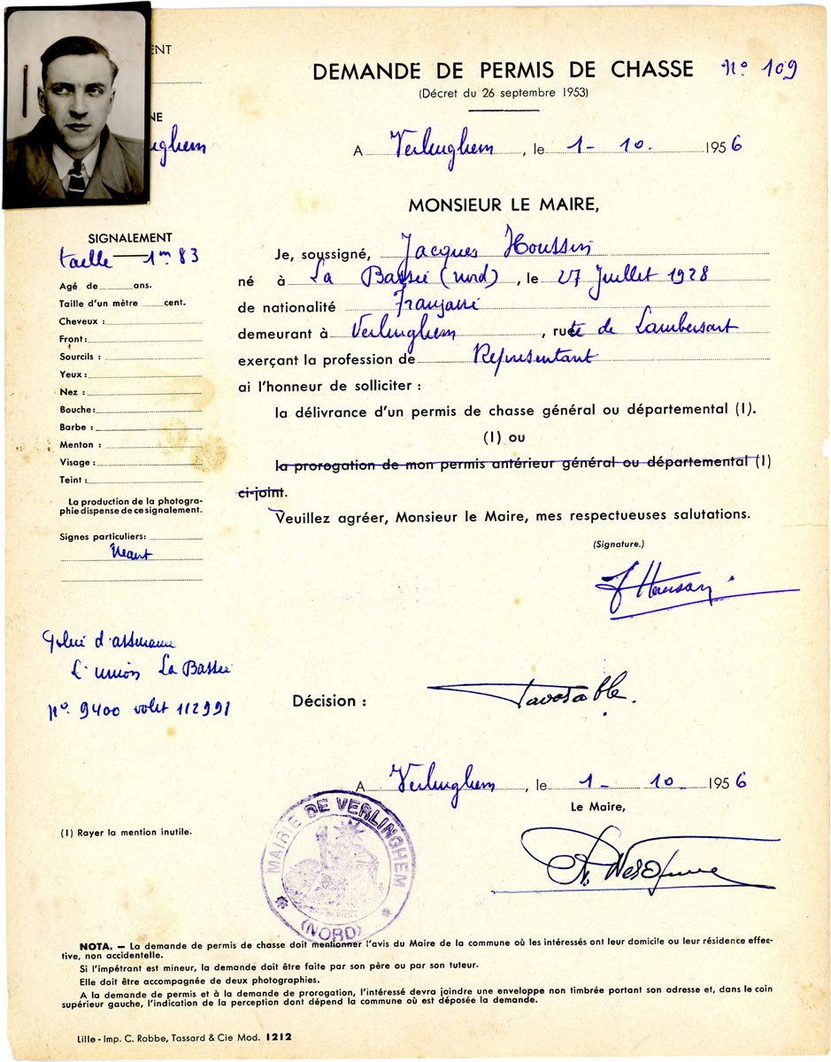 Demandes de permis de chasse, 1956. Archives municipales de Verlinghem – 1VER_I53