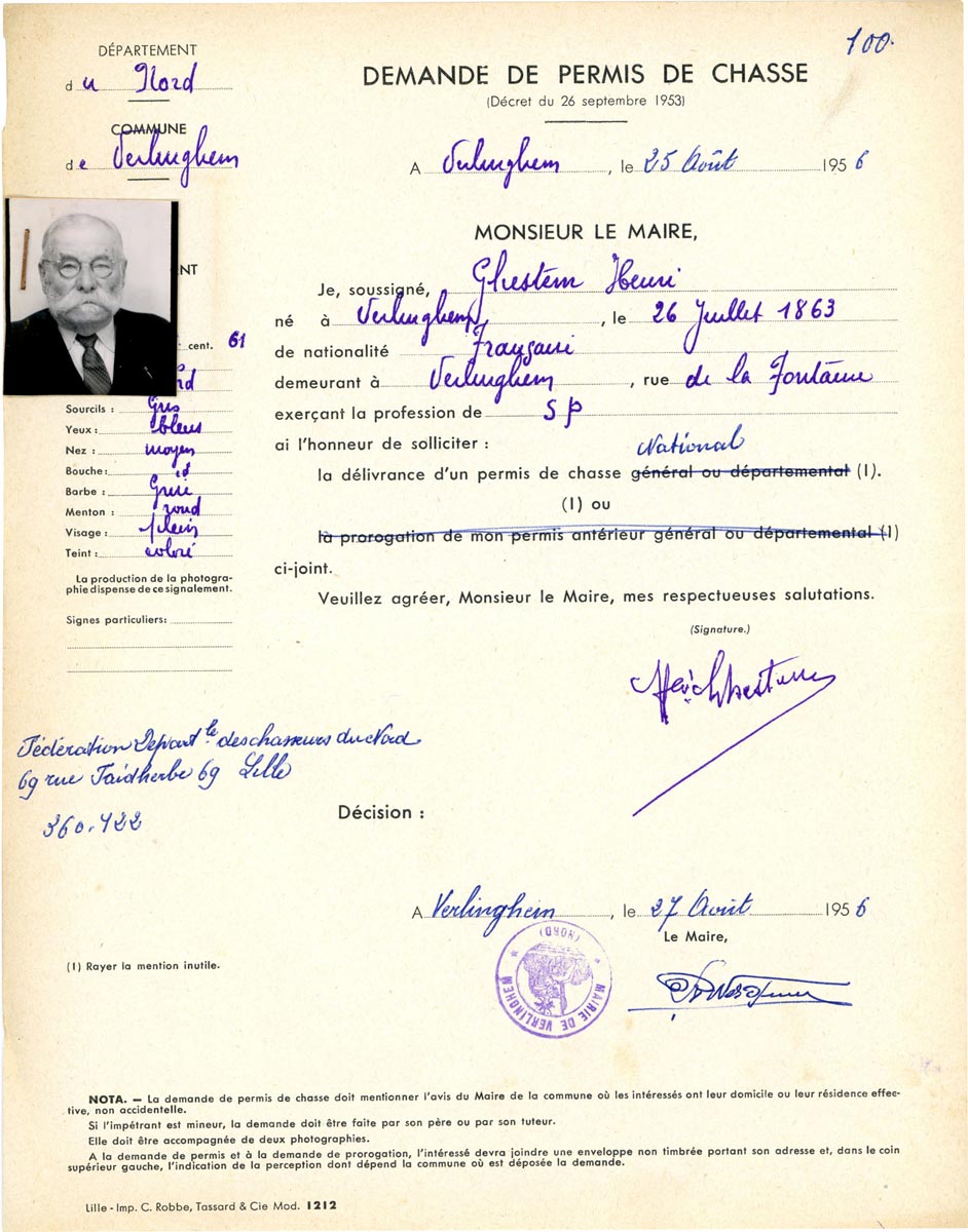 Demandes de permis de chasse, 1956. Archives municipales de Verlinghem – 1VER_I53