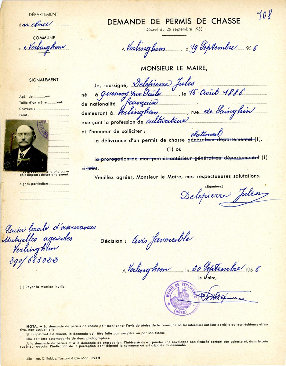 Demandes de permis de chasse, 1956. Archives municipales de Verlinghem – 1VER_I53