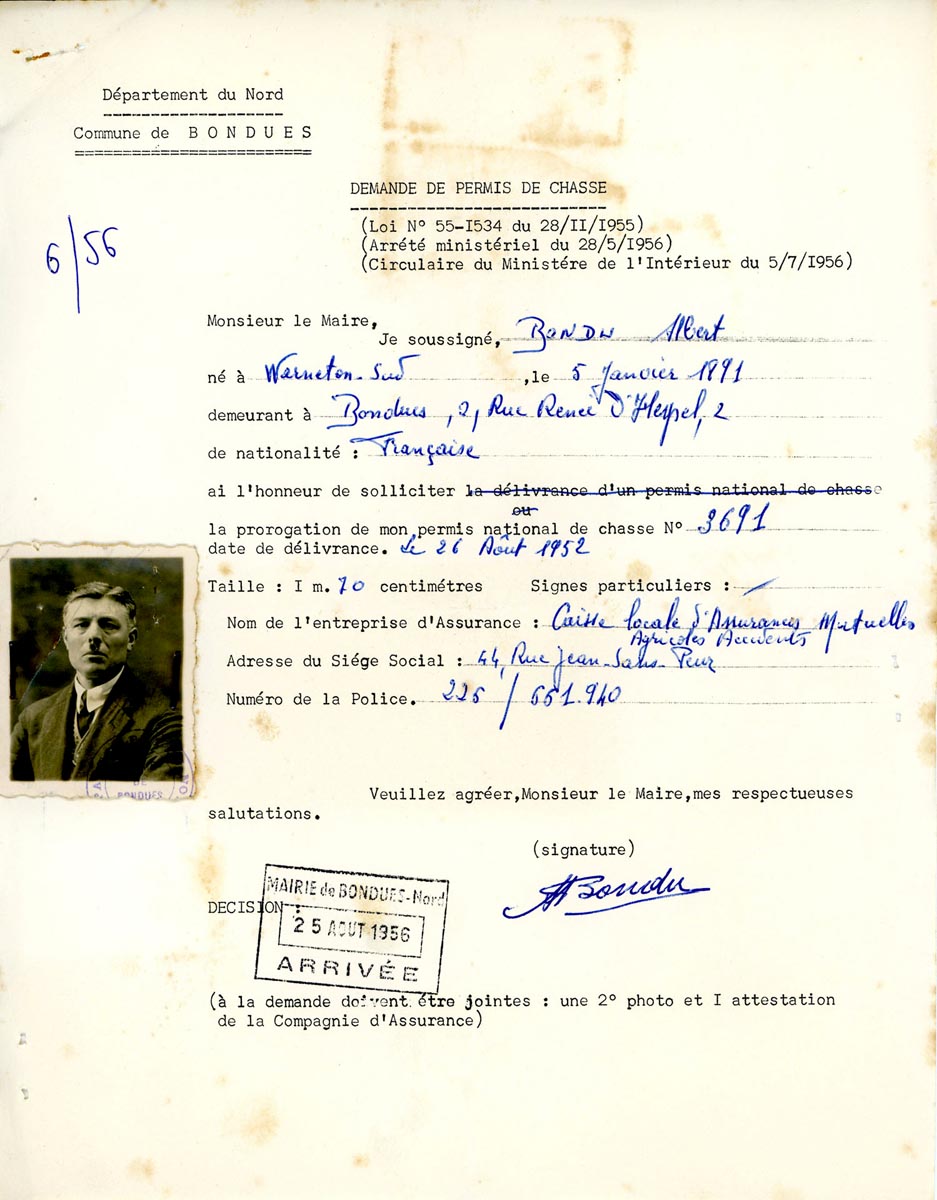 Demandes et permis de chasse, 1956. Archives municipales de Bondues – 16BON_W32