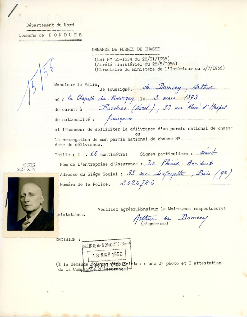 Demandes et permis de chasse, 1956. Archives municipales de Bondues – 16BON_W32