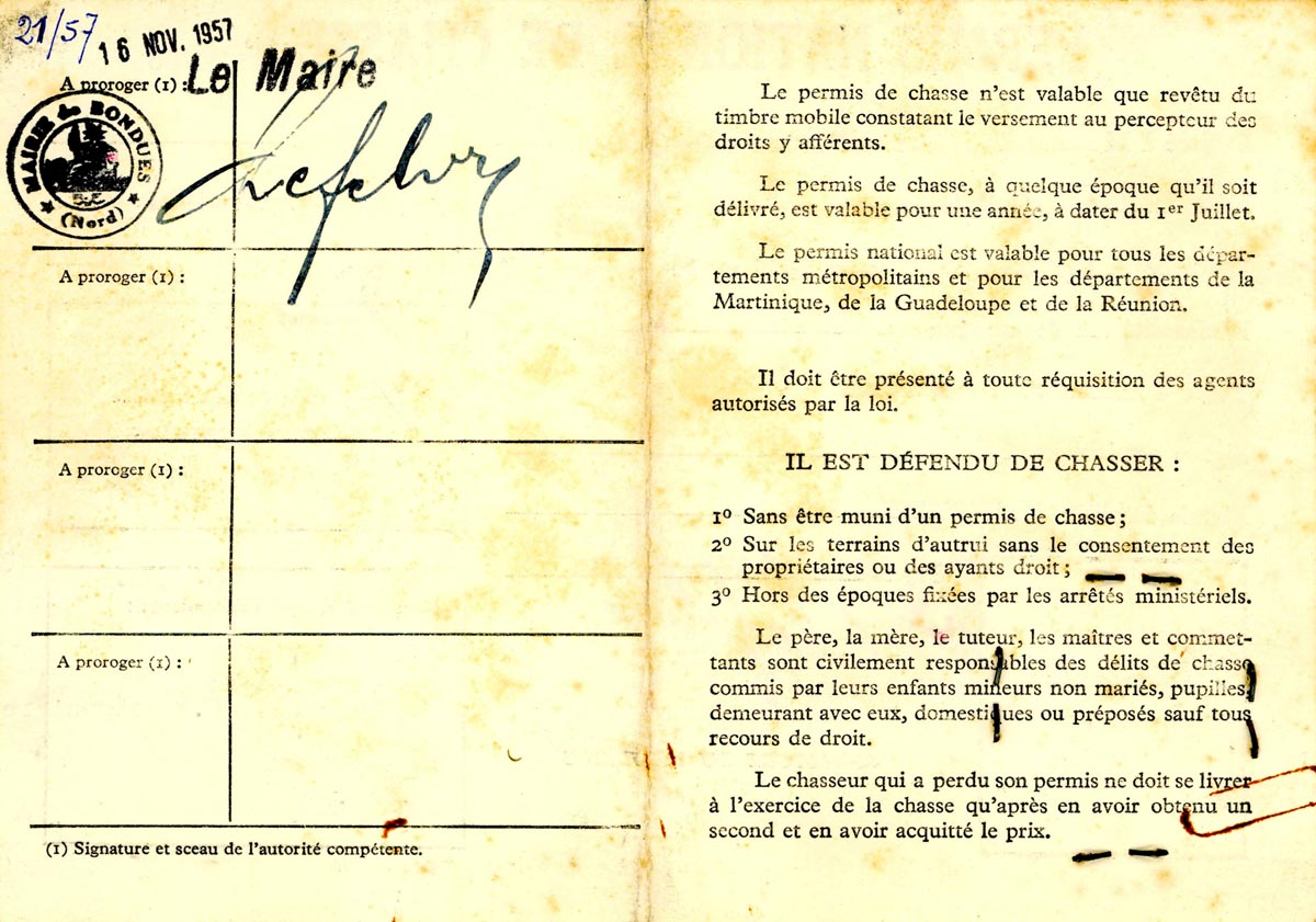 Demandes et permis de chasse, 1956. Archives municipales de Bondues – 16BON_W32