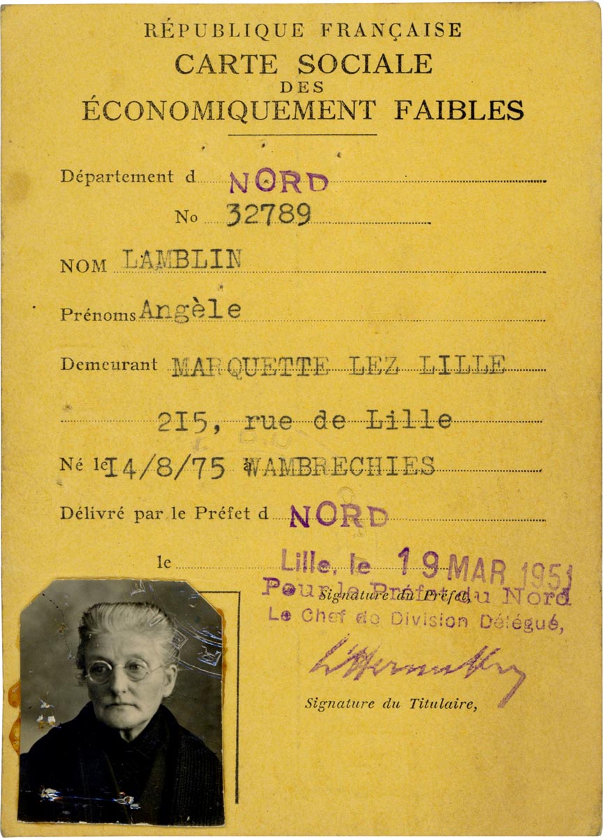 Carte sociale des économiquement faibles, 19 mars 1951. Archives municipales de Wambrechies - 1WIE_Z113