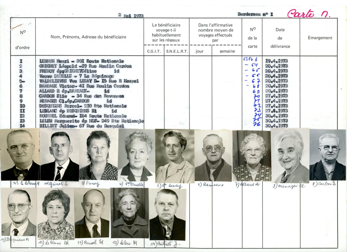 Bordereaux d’envoi des demandes de cartes de transport pour les Bonduois de plus de 65 ans, 1973-1974. Archives municipales de Bondues - 1BON_W518