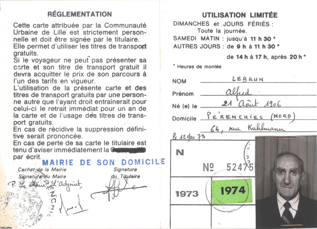 Carte de justification de droit pour le transport gratuit des personnes âgées, 1973 et 1975. Archives municipales de Pérenchies - 2O_PER33