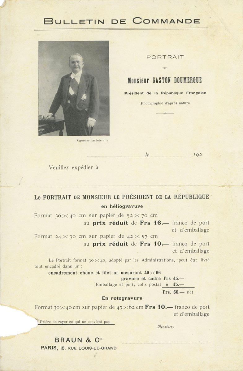 Bulletin de commande du portrait officiel du président Gaston Doumergue, 1924. Archives municipales de Quesnoy-sur-Deûle – QSD_B3