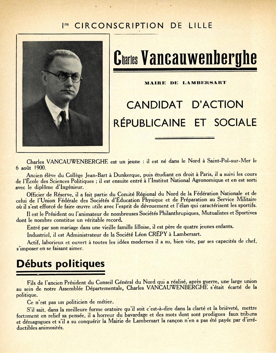 Propagande pour les élections législatives de 1936. Archives municipales de Saint-André-lez-Lille - 1STA_K234