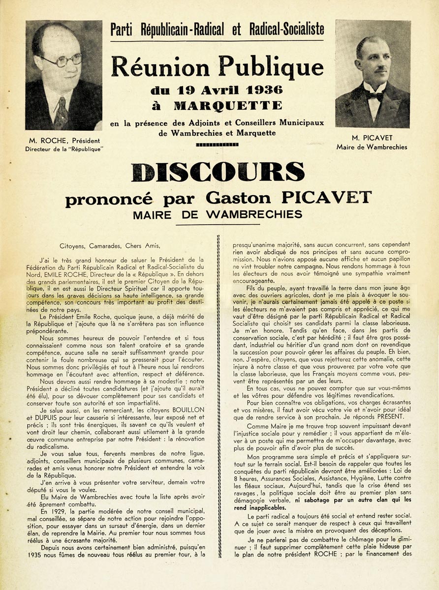 Propagande pour les élections législatives de 1936. Archives municipales de Saint-André-lez-Lille - 1STA_K234