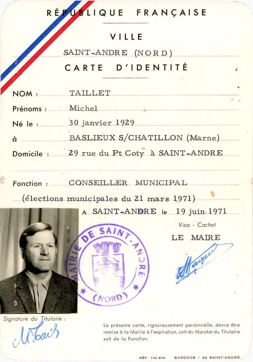 Carte d'identité de conseiller municipal de Saint-André, 1971. Archives municipales de Saint-André-lez-Lille - 1STA_K237