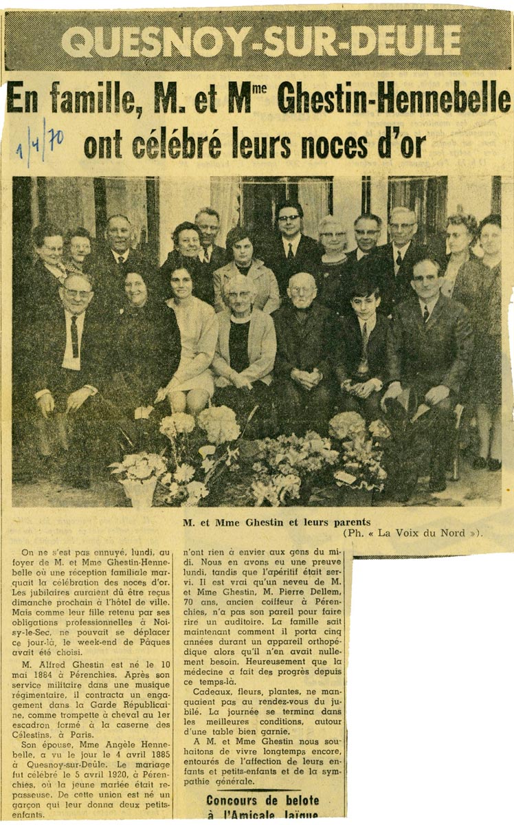 Noces d’or des époux Ghestin-Hennebelle, article de presse paru dans La Voix du Nord, 1er avril 1970. Ar-chives municipales de Quesnoy-sur-Deûle – 1QSD-Z253