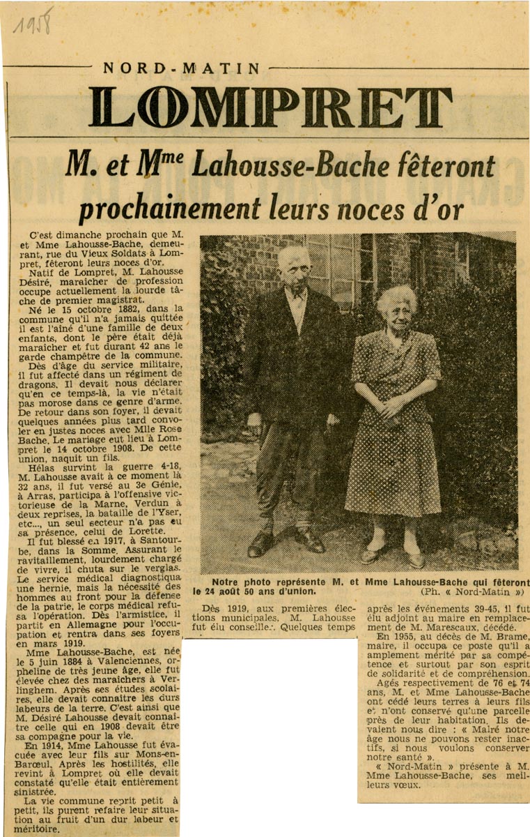 Noces d’or des époux Lahousse-Bache, article de presse paru dans Nord Matin, 1958. Archives municipales de Lompret – cote à venir