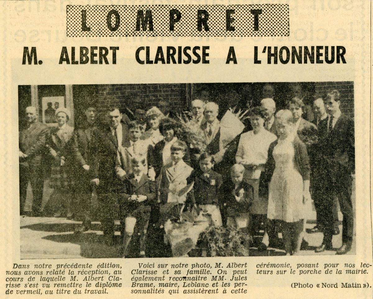 Article sur Albert Clarisse, médaillé du travail à Lompret, paru dans Nord Matin, 5 août 1965. Archives municipales de Lompret – 1LOM_W76