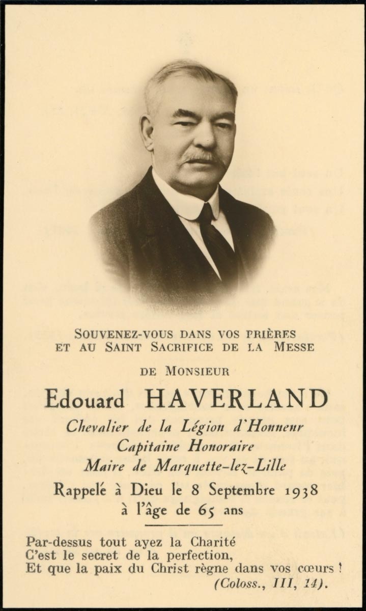 Carte de prière funéraire pour l’ancien maire Edouard Haverland, mort le 8 septembre 1938. Archives municipales de Marquette-lez-Lille - 113MAR_W10