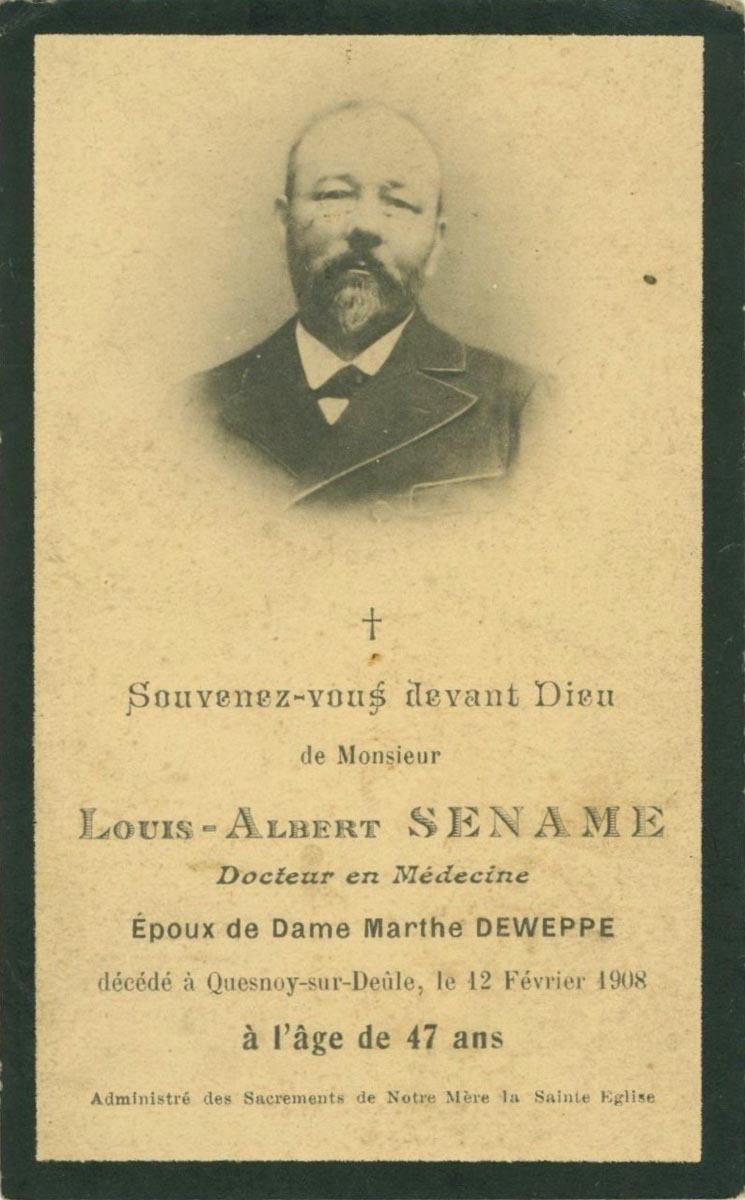 Carte de prière funéraire pour Louis-Albert Sename, médecin mort à Quesnoy-sur-Deûle le 12 février 1908. Collection privée Léontine Lebrun / Archives municipales de Quesnoy-sur-Deûle - 1QSD_Z254