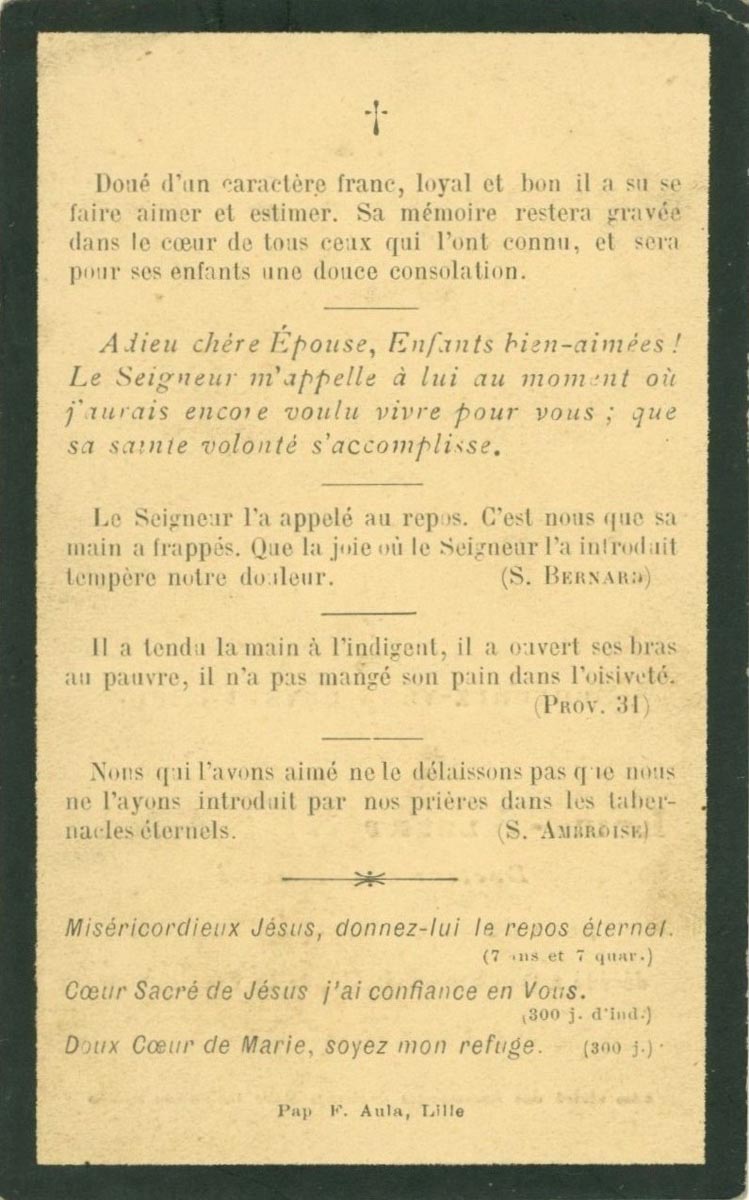 Carte de prière funéraire pour Louis-Albert Sename, médecin mort à Quesnoy-sur-Deûle le 12 février 1908. Collection privée Léontine Lebrun / Archives municipales de Quesnoy-sur-Deûle - 1QSD_Z254