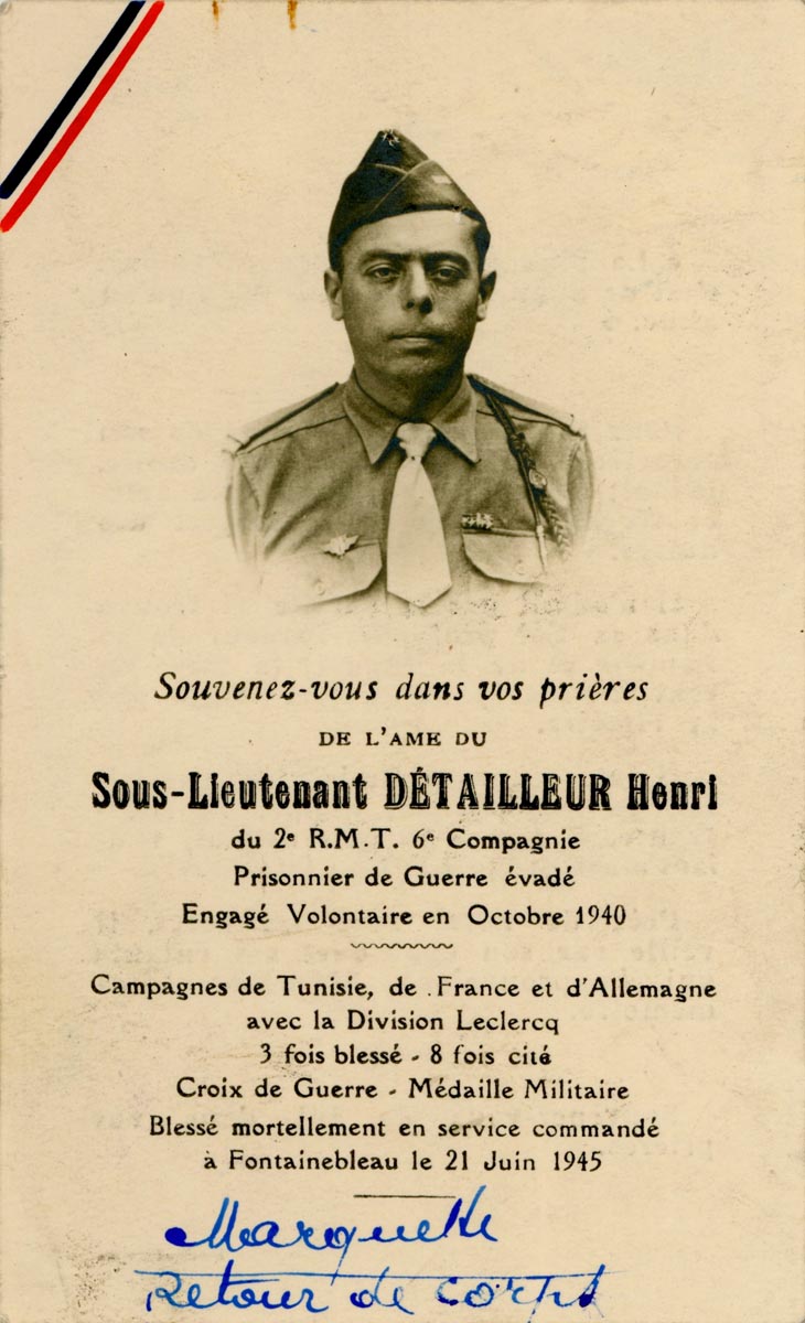 Carte de prière funéraire pour le sous-lieutenant Henri Détailleur, mort à Fontainebleau le 21 juin 1945, dont le corps a ensuite été rapatrié à Marquette-lez-Lille. Archives municipales de Marquette-lez-Lille - 1MAR_K33-2