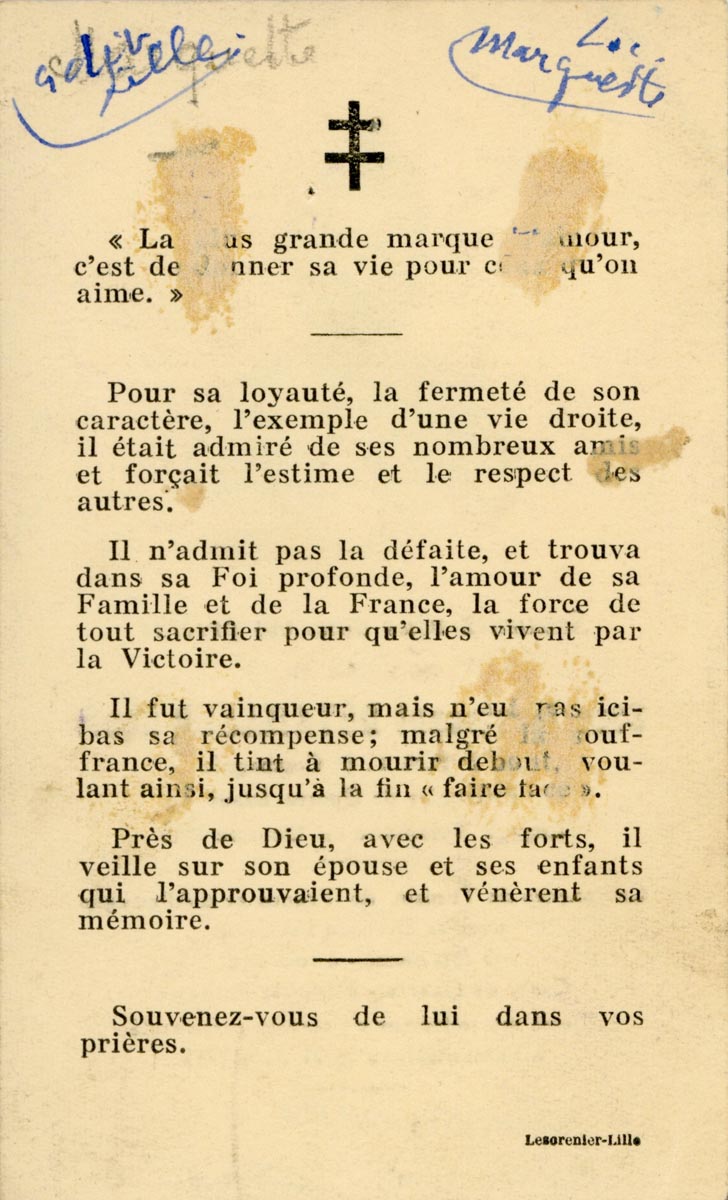 Carte de prière funéraire pour le sous-lieutenant Henri Détailleur, mort à Fontainebleau le 21 juin 1945, dont le corps a ensuite été rapatrié à Marquette-lez-Lille. Archives municipales de Marquette-lez-Lille - 1MAR_K33-2